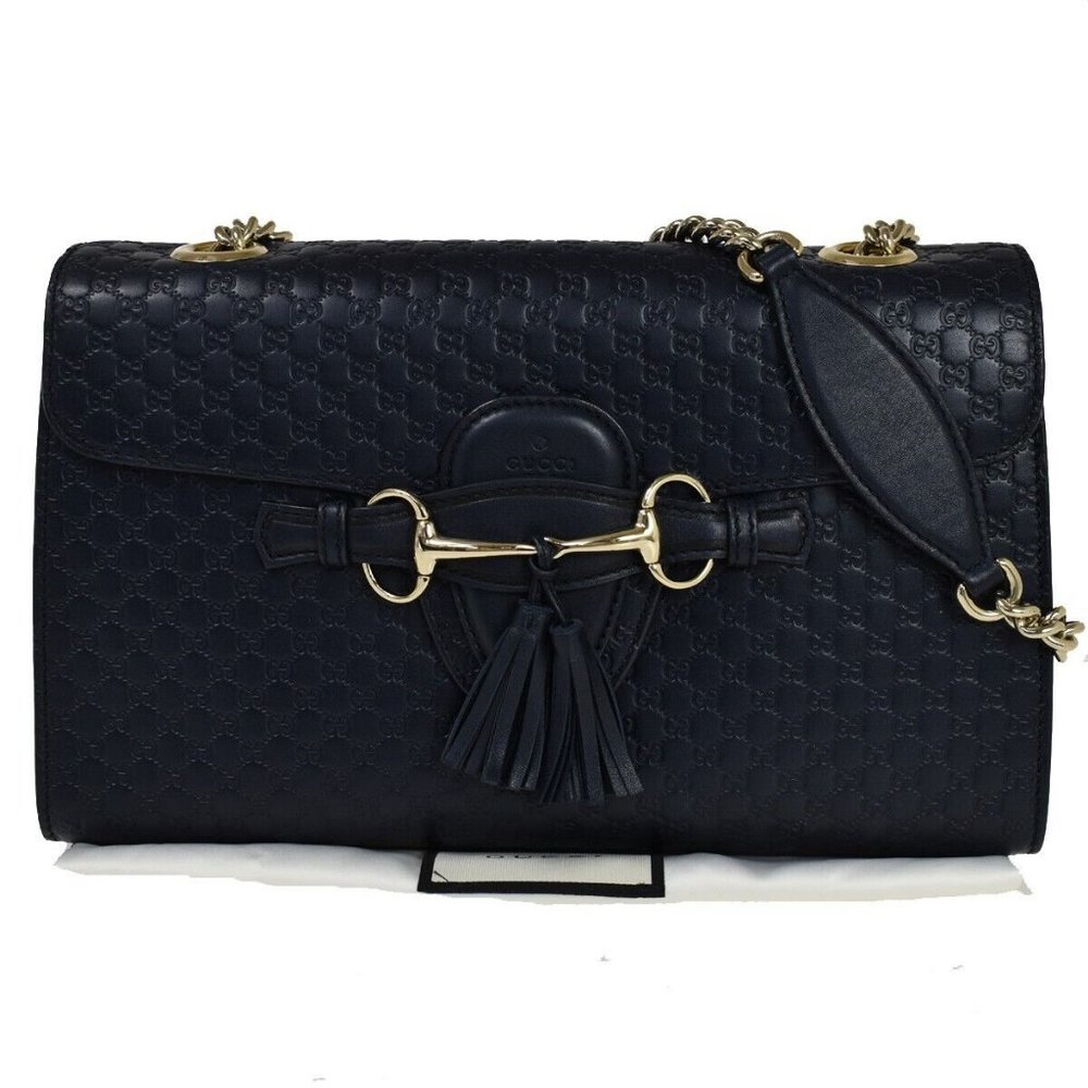GUCCI Micro GG Guccissima Emily Chain Shoulder Bag Leather Navy Blue